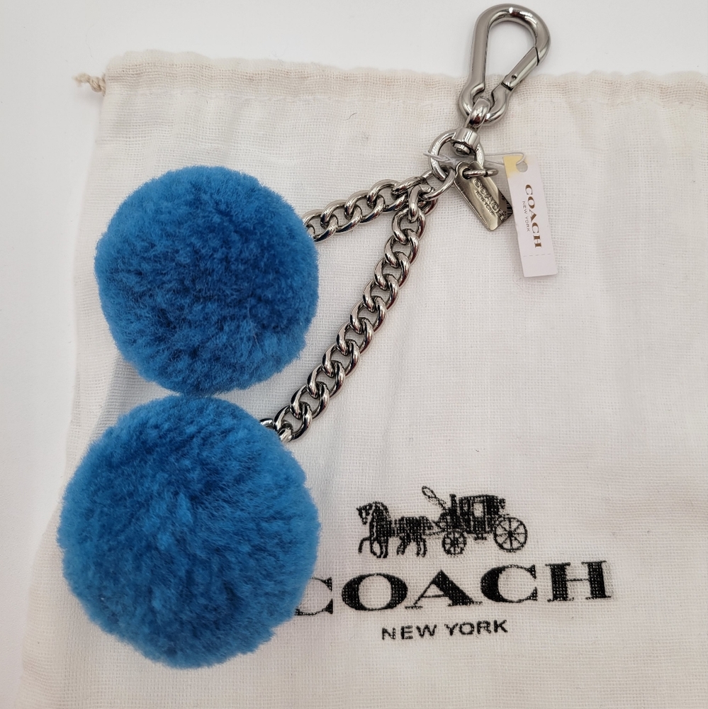 💥💥NWT💥💥 Coach Pompom Puff Balls Bag Charm, Blue/silver hardware